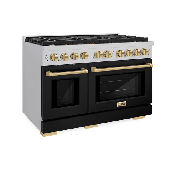 ZLINE Autograph Edition 48 in. 6.7 cu. ft. Paramount Double Oven Dual Fuel Range with 8 Burner Gas Cooktop in Stainless Steel with Black Matte Doors and Champagne Bronze Accents (SDRZ-BLM-48-CB)