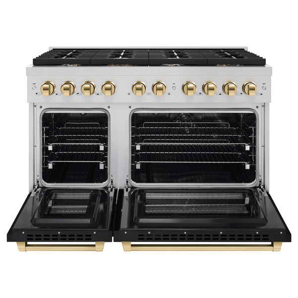 ZLINE Autograph Edition 48 in. 6.7 cu. ft. Paramount Double Oven Dual Fuel Range with 8 Burner Gas Cooktop in Stainless Steel with Black Matte Doors and Polished Gold Accents, Open Box-Great Condition