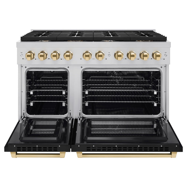 ZLINE Autograph Edition 48 in. 6.7 cu. ft. Paramount Double Oven Dual Fuel Range with 8 Burner Gas Cooktop in Stainless Steel with Black Matte Doors and Polished Gold Accents, Open Box-Good Condition