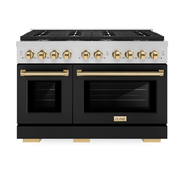 ZLINE Autograph Edition 48 in. 6.7 cu. ft. Paramount Double Oven Dual Fuel Range with 8 Burner Gas Cooktop in Stainless Steel with Black Matte Doors and Polished Gold Accents, Open Box-Great Condition