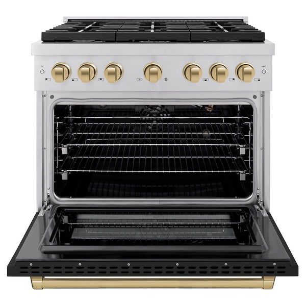 ZLINE Autograph Edition 36 in. 5.2 cu. ft. Paramount Gas Range with 6 Burner Cooktop and Convection Gas Oven in Stainless Steel with Black Matte Door and Champagne Bronze Accents, Open Box-Good Condition