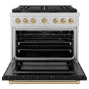ZLINE Autograph Edition 36 in. 5.2 cu. ft. 6 Burner Gas Range with Convection Gas Oven in Stainless Steel with Black Matte Door and Champagne Bronze Accents (SGRZ-BLM-36-CB) front, oven open.