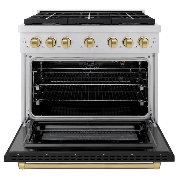 ZLINE Autograph Edition 36 in. 5.2 cu. ft. 6 Burner Gas Range with Convection Gas Oven in Stainless Steel with Black Matte Door and Champagne Bronze Accents (SGRZ-BLM-36-CB) front, oven open.