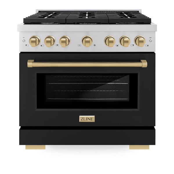 ZLINE Autograph Edition 36 in. 5.2 cu. ft. Paramount Gas Range with 6 Burner Cooktop and Convection Gas Oven in Stainless Steel with Black Matte Door and Champagne Bronze Accents, Open Box-Good Condition
