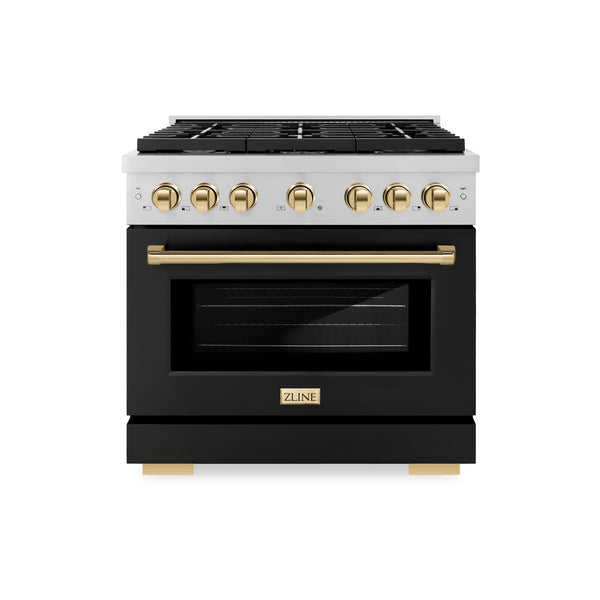 ZLINE Autograph Edition 36 in. 5.2 cu. ft. Paramount Gas Range with 6 Burner Cooktop and Convection Gas Oven in Stainless Steel with Black Matte Door and Polished Gold Accents (SGRZ-BLM-36-G)