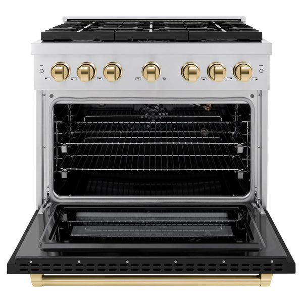 ZLINE Autograph Edition 36 in. 5.2 cu. ft. Paramount Gas Range with 6 Burner Cooktop and Convection Gas Oven in Stainless Steel with Black Matte Door and Polished Gold Accents (SGRZ-BLM-36-G)