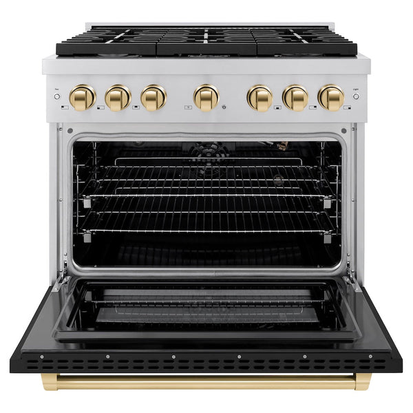 ZLINE Autograph Edition 36 in. 5.2 cu. ft. Paramount Gas Range with 6 Burner Cooktop and Convection Gas Oven in Stainless Steel with Black Matte Door and Polished Gold Accents, Open Box-Good Condition