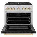 ZLINE Autograph Edition 36 in. 5.2 cu. ft. 6 Burner Gas Range with Convection Gas Oven in Stainless Steel with Black Matte Door and Polished Gold Accents (SGRZ-BLM-36-G) front, oven open.
