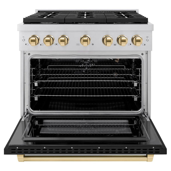 ZLINE Autograph Edition 36 in. 5.2 cu. ft. 6 Burner Gas Range with Convection Gas Oven in Stainless Steel with Black Matte Door and Polished Gold Accents (SGRZ-BLM-36-G) front, oven open.