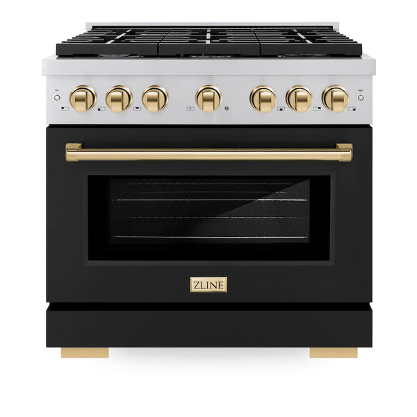 ZLINE Autograph Edition 36 in. 5.2 cu. ft. Paramount Gas Range with 6 Burner Cooktop and Convection Gas Oven in Stainless Steel with Black Matte Door and Polished Gold Accents, Open Box-Good Condition