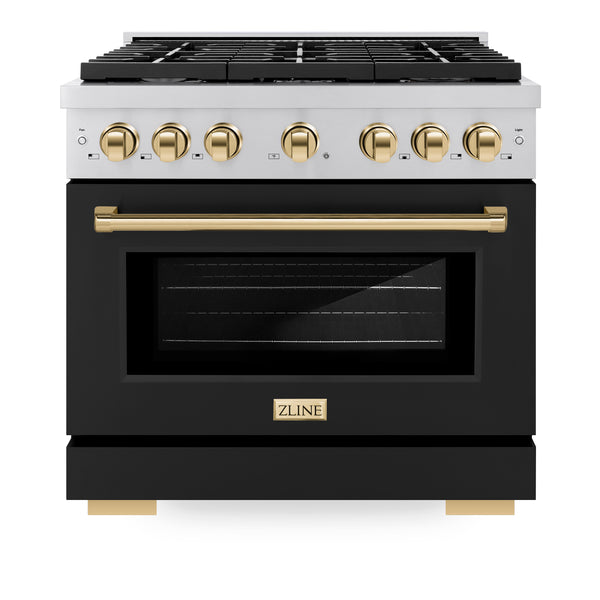 ZLINE Autograph Edition 36 in. 5.2 cu. ft. Paramount Gas Range with 6 Burner Cooktop and Convection Gas Oven in Stainless Steel with Black Matte Door and Polished Gold Accents (SGRZ-BLM-36-G)