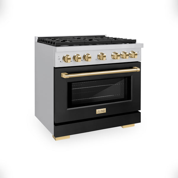 ZLINE Autograph Edition 36 in. 5.2 cu. ft. Paramount Gas Range with 6 Burner Cooktop and Convection Gas Oven in Stainless Steel with Black Matte Door and Polished Gold Accents (SGRZ-BLM-36-G)