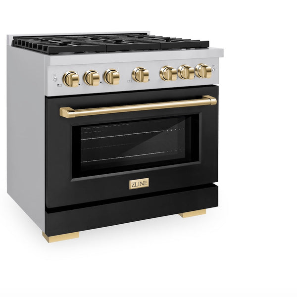 ZLINE Autograph Edition 36 in. 5.2 cu. ft. Paramount Gas Range with 6 Burner Cooktop and Convection Gas Oven in Stainless Steel with Black Matte Door and Polished Gold Accents, Open Box-Good Condition