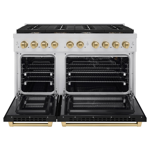 ZLINE Autograph Edition 48 in. 6.7 cu. ft. Paramount Double Oven Gas Range with 8 Burner Cooktop in Stainless Steel with Black Matte Doors and Champagne Bronze Accents, Open Box-Good Condition