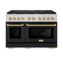 ZLINE Autograph Edition 48 in. 6.7 cu. ft. Paramount Double Oven Gas Range with 8 Burner Cooktop in Stainless Steel with Black Matte Doors and Champagne Bronze Accents, Open Box-Good Condition