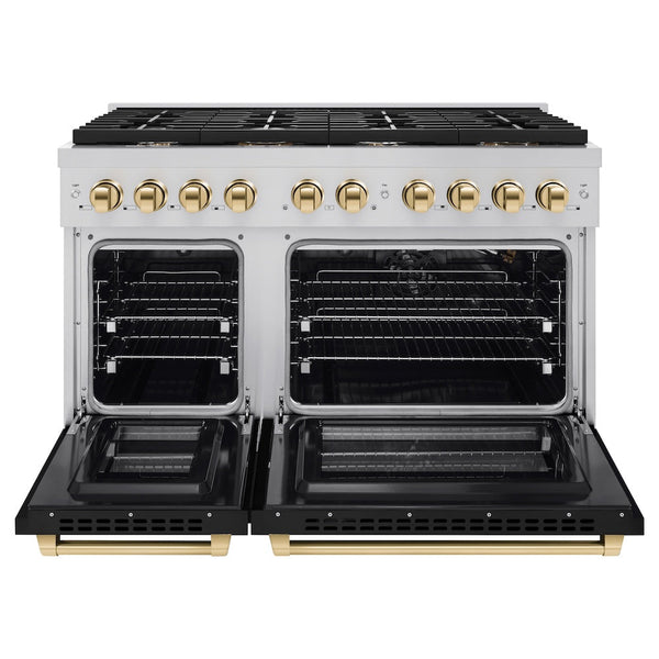 ZLINE Autograph Edition 48 in. 6.7 cu. ft. Paramount Double Oven Gas Range with 8 Burner Cooktop in Stainless Steel with Black Matte Doors and Polished Gold Accents, Open Box-Good Condition