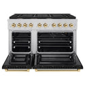 ZLINE Autograph Edition 48 in. 6.7 cu. ft. 8 Burner Double Oven Gas Range in Stainless Steel with Black Matte Doors and Polished Gold Accents (SGRZ-BLM-48-G) front, oven open.