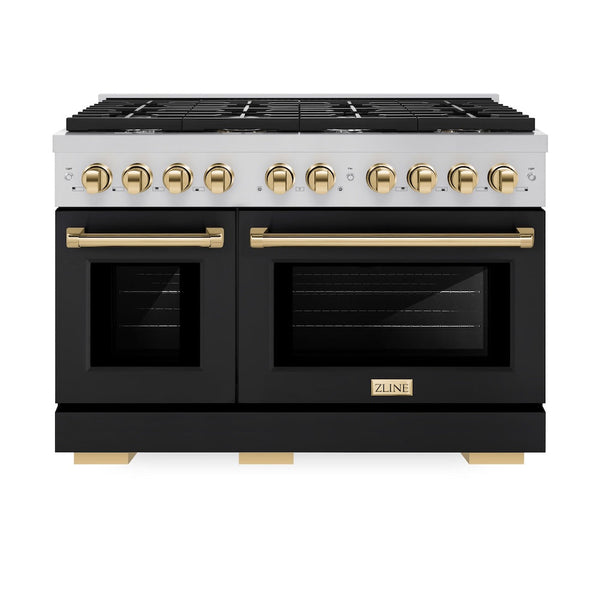 ZLINE Autograph Edition 48 in. 6.7 cu. ft. Paramount Double Oven Gas Range with 8 Burner Cooktop in Stainless Steel with Black Matte Doors and Polished Gold Accents, Open Box-Good Condition