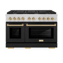 ZLINE Autograph Edition 48 in. 6.7 cu. ft. 8 Burner Double Oven Gas Range in Stainless Steel with Black Matte Doors and Polished Gold Accents (SGRZ-BLM-48-G) front, oven closed.