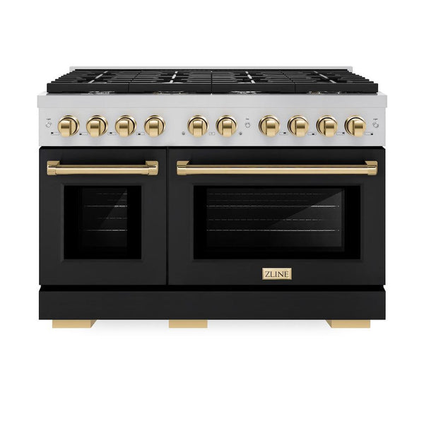 ZLINE Autograph Edition 48 in. 6.7 cu. ft. 8 Burner Double Oven Gas Range in Stainless Steel with Black Matte Doors and Polished Gold Accents (SGRZ-BLM-48-G) front, oven closed.