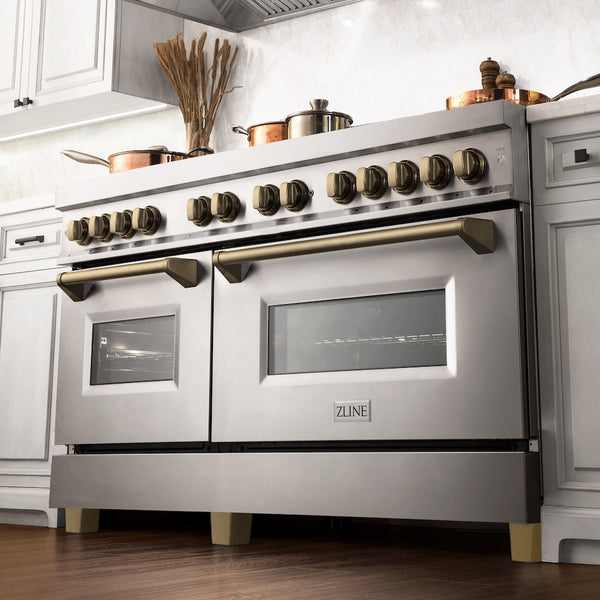 ZLINE Autograph Edition 60 in. 7.4 cu. ft. Legacy Dual Fuel Range with 9 Burner Gas Cooktop and 2 Electric Convection Ovens in Stainless Steel and Champagne Bronze Accents, Open Box-Great Condition