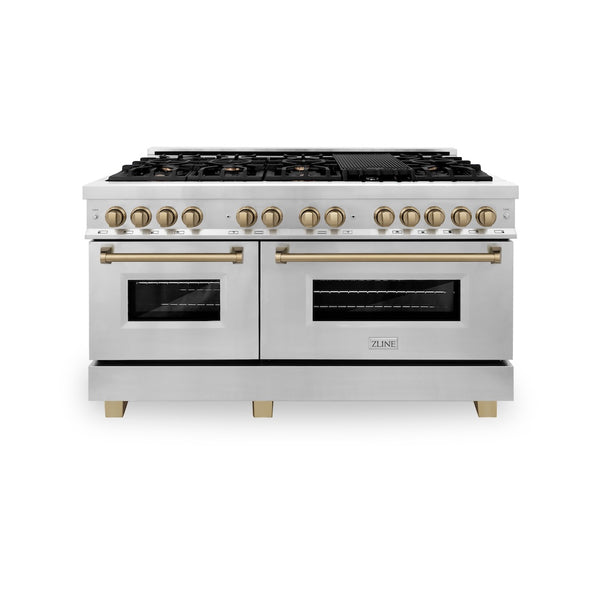 ZLINE Autograph Edition 60 in. 7.4 cu. ft. Legacy Dual Fuel Range with 9 Burner Gas Cooktop and 2 Electric Convection Ovens in Stainless Steel and Champagne Bronze Accents, Open Box-Great Condition