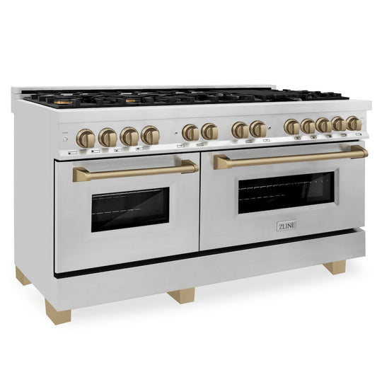 ZLINE Autograph Edition 60 in. 7.4 cu. ft. Legacy Dual Fuel Range with 9 Burner Gas Cooktop and 2 Electric Convection Ovens in Stainless Steel and Champagne Bronze Accents, Open Box-Good Condition
