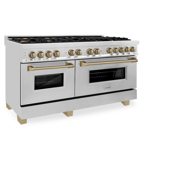 ZLINE Autograph Edition 60 in. 7.4 cu. ft. Legacy Dual Fuel Range with 9 Burner Gas Cooktop and 2 Electric Convection Ovens in Stainless Steel and Champagne Bronze Accents, Open Box-Great Condition