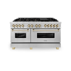 ZLINE Autograph Edition 60 in. 7.4 cu. ft. Legacy Dual Fuel Range with 9 Burner Gas Cooktop and 2 Electric Convection Ovens in Stainless Steel and Polished Gold Accents (RAZ-60-G)