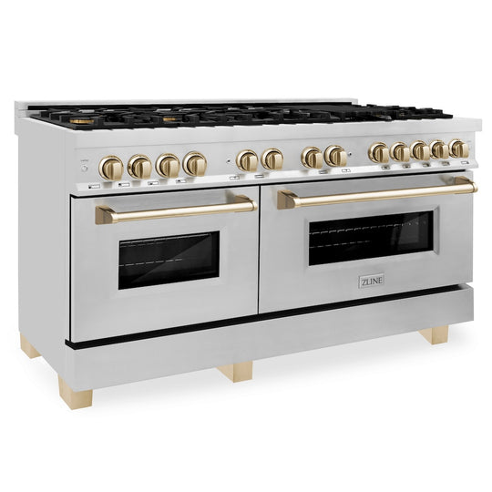 ZLINE Autograph Edition 60 in. 7.4 cu. ft. Legacy Dual Fuel Range with 9 Burner Gas Cooktop and 2 Electric Convection Ovens in Stainless Steel and Polished Gold Accents, Open Box-Great Condition