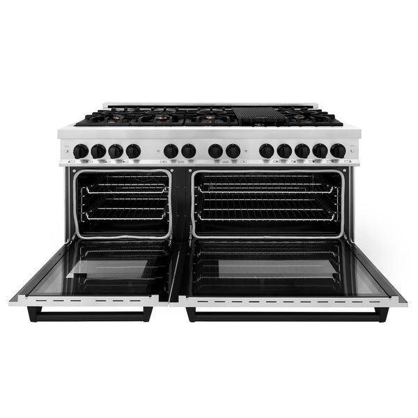 ZLINE Autograph Edition 60 in. 7.4 cu. ft. Legacy Dual Fuel Range with 9 Burner Gas Cooktop and 2 Electric Convection Ovens in Stainless Steel and Matte Black Accents, Open Box-Good Condition