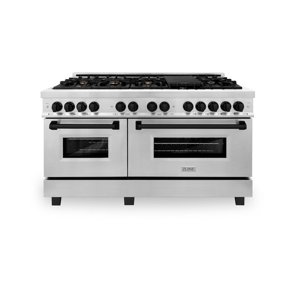 ZLINE Autograph Edition 60 in. 7.4 cu. ft. Legacy Dual Fuel Range with 9 Burner Gas Cooktop and 2 Electric Convection Ovens in Stainless Steel and Matte Black Accents, Open Box-Great Condition