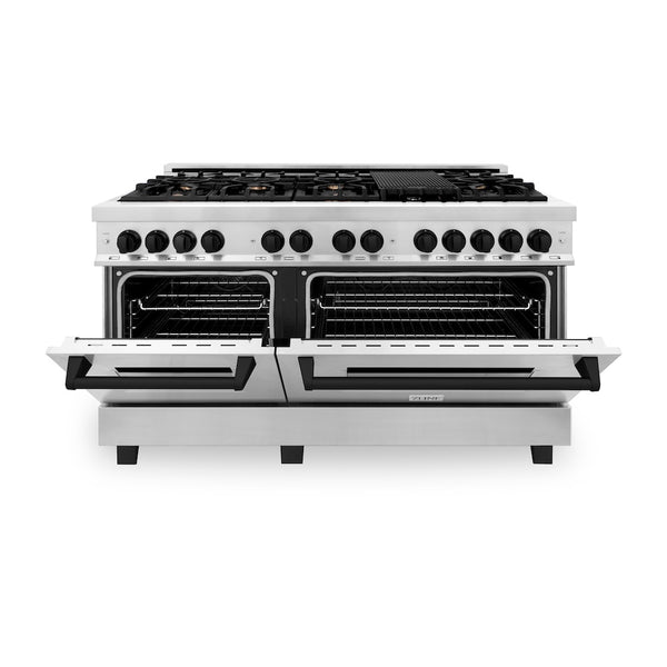 ZLINE Autograph Edition 60 in. 7.4 cu. ft. Legacy Dual Fuel Range with 9 Burner Gas Cooktop and 2 Electric Convection Ovens in Stainless Steel and Matte Black Accents, Open Box-Great Condition