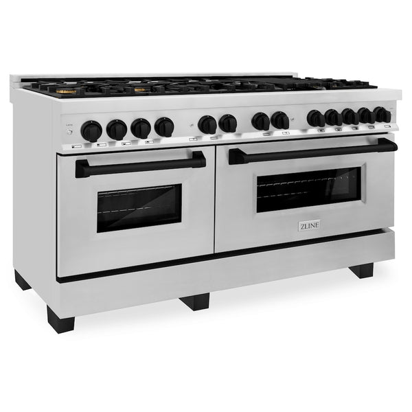 ZLINE Autograph Edition 60 in. 7.4 cu. ft. Legacy Dual Fuel Range with 9 Burner Gas Cooktop and 2 Electric Convection Ovens in Stainless Steel and Matte Black Accents, Open Box-Great Condition