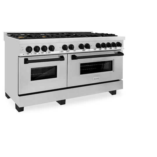 ZLINE Autograph Edition 60 in. 7.4 cu. ft. Legacy Dual Fuel Range with 9 Burner Gas Cooktop and 2 Electric Convection Ovens in Stainless Steel and Matte Black Accents, Open Box-Great Condition
