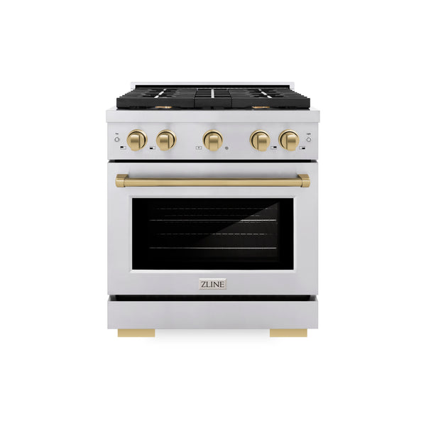 ZLINE Autograph Edition 30 in. 4.2 cu. ft. Paramount Dual Fuel Range with 4 Burner Gas Cooktop and Electric Convection Oven in Stainless Steel with Champagne Bronze Accents, Open Box-Great Condition
