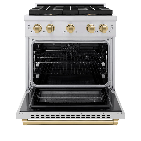 ZLINE Autograph Edition 30 in. 4.2 cu. ft. Paramount Dual Fuel Range with 4 Burner Gas Cooktop and Electric Convection Oven in Stainless Steel with Champagne Bronze Accents, Open Box-Great Condition