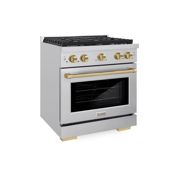 ZLINE Autograph Edition 30 in. 4.2 cu. ft. Paramount Dual Fuel Range with 4 Burner Gas Cooktop and Electric Convection Oven in Stainless Steel with Champagne Bronze Accents (SDRZ-30-CB)