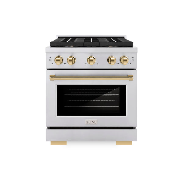 ZLINE Autograph Edition 30 in. 4.2 cu. ft. Paramount Dual Fuel Range with 4 Burner Gas Cooktop and Electric Convection Oven in Stainless Steel with Polished Gold Accents (SDRZ-30-G)