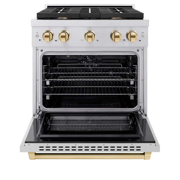 ZLINE Autograph Edition 30 in. 4.2 cu. ft. Paramount Dual Fuel Range with 4 Burner Gas Cooktop and Electric Convection Oven in Stainless Steel with Polished Gold Accents, Open Box-Good Condition