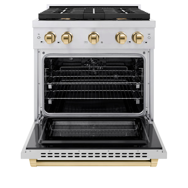ZLINE Autograph Edition 30 in. 4.2 cu. ft. Paramount Dual Fuel Range with 4 Burner Gas Cooktop and Electric Convection Oven in Stainless Steel with Polished Gold Accents, Open Box-Great Condition