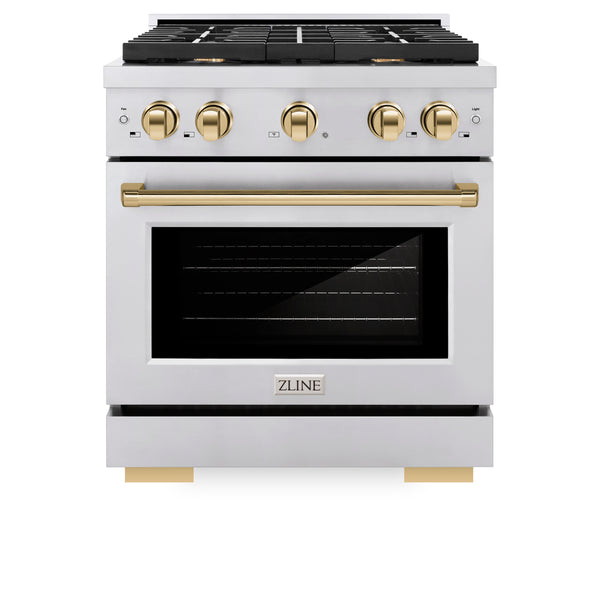 ZLINE Autograph Edition 30 in. 4.2 cu. ft. Paramount Dual Fuel Range with 4 Burner Gas Cooktop and Electric Convection Oven in Stainless Steel with Polished Gold Accents, Open Box-Great Condition