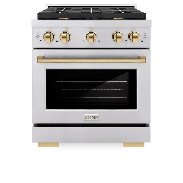 ZLINE Autograph Edition 30 in. 4.2 cu. ft. Paramount Dual Fuel Range with 4 Burner Gas Cooktop and Electric Convection Oven in Stainless Steel with Polished Gold Accents, Open Box-Good Condition