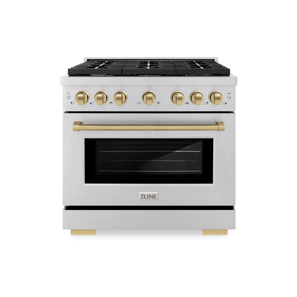 ZLINE Autograph Edition 36 in. 5.2 cu. ft. Paramount Dual Fuel Range with 6 Burner Gas Cooktop and Electric Convection Oven in Stainless Steel with Champagne Bronze Accents, Open Box-Great Condition