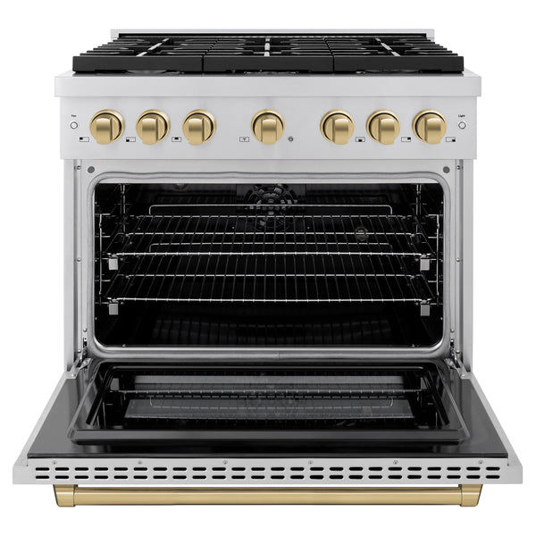 ZLINE Autograph Edition 36 in. 5.2 cu. ft. Paramount Dual Fuel Range with 6 Burner Gas Cooktop and Electric Convection Oven in Stainless Steel with Champagne Bronze Accents, Open Box-Great Condition