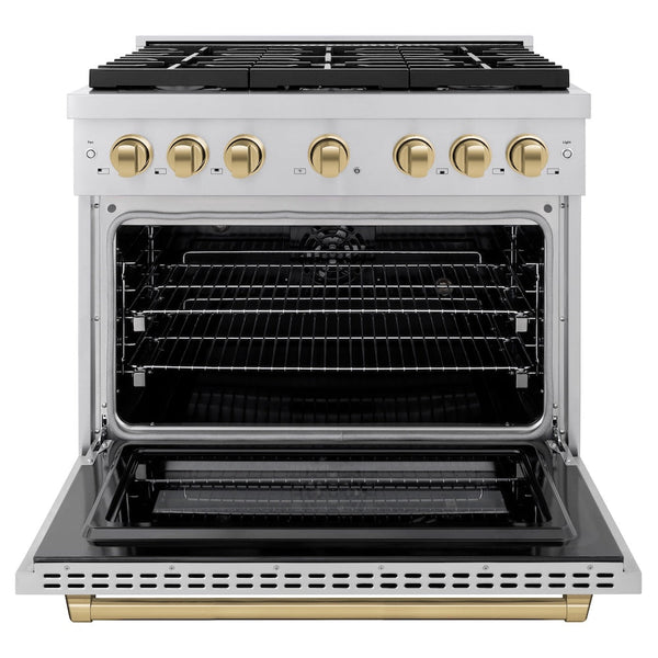 ZLINE Autograph Edition 36 in. 5.2 cu. ft. Paramount Dual Fuel Range with 6 Burner Gas Cooktop and Electric Convection Oven in Stainless Steel with Champagne Bronze Accents, Open Box-Good Condition