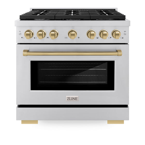 ZLINE Autograph Edition 36 in. 5.2 cu. ft. Paramount Dual Fuel Range with 6 Burner Gas Cooktop and Electric Convection Oven in Stainless Steel with Champagne Bronze Accents (SDRZ-36-CB)