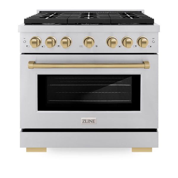 ZLINE Autograph Edition 36 in. 5.2 cu. ft. Paramount Dual Fuel Range with 6 Burner Gas Cooktop and Electric Convection Oven in Stainless Steel with Champagne Bronze Accents, Open Box-Good Condition
