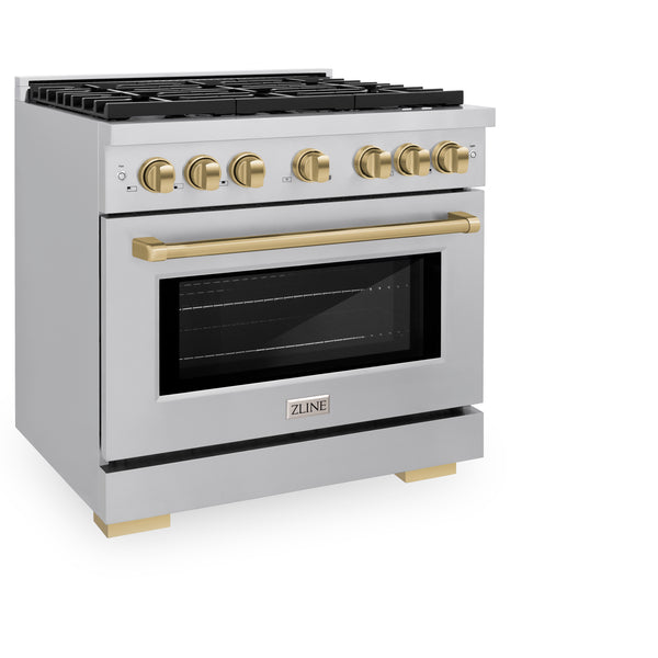 ZLINE Autograph Edition 36 in. 5.2 cu. ft. Paramount Dual Fuel Range with 6 Burner Gas Cooktop and Electric Convection Oven in Stainless Steel with Champagne Bronze Accents (SDRZ-36-CB)