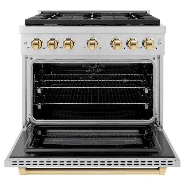 ZLINE Autograph Edition 36 in. 5.2 cu. ft. Paramount Dual Fuel Range with 6 Burner Gas Cooktop and Electric Convection Oven in Stainless Steel with Polished Gold Accents, Open Box-Great Condition
